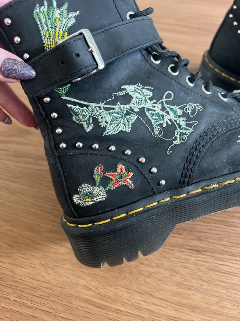 SOLD - cross listed
Dr. Martens Black Floral Embroidered Lug Boots - Picture 4 of 5